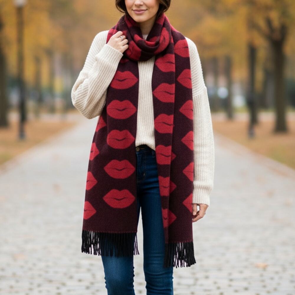 Victoria Secret Kiss Me Lips Blanket Scarf OS Black Red Reversible NWT Cozy Warm
